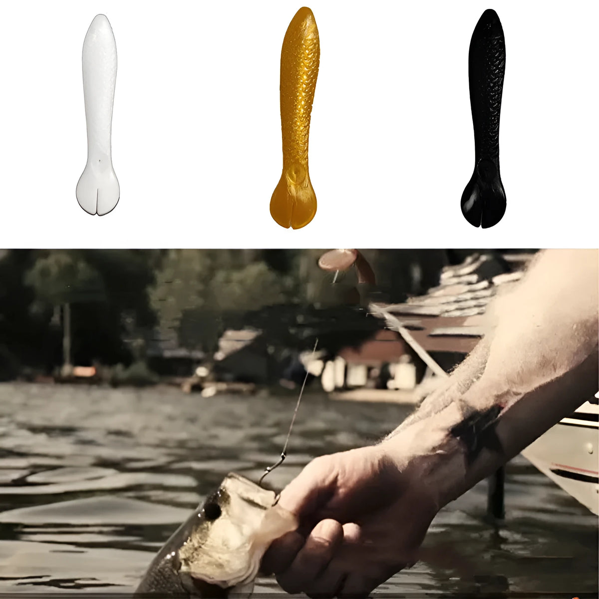 Bionic soft fishing lure in silicone, 7.5cm long, shown in yellow, white, and black colour options.
