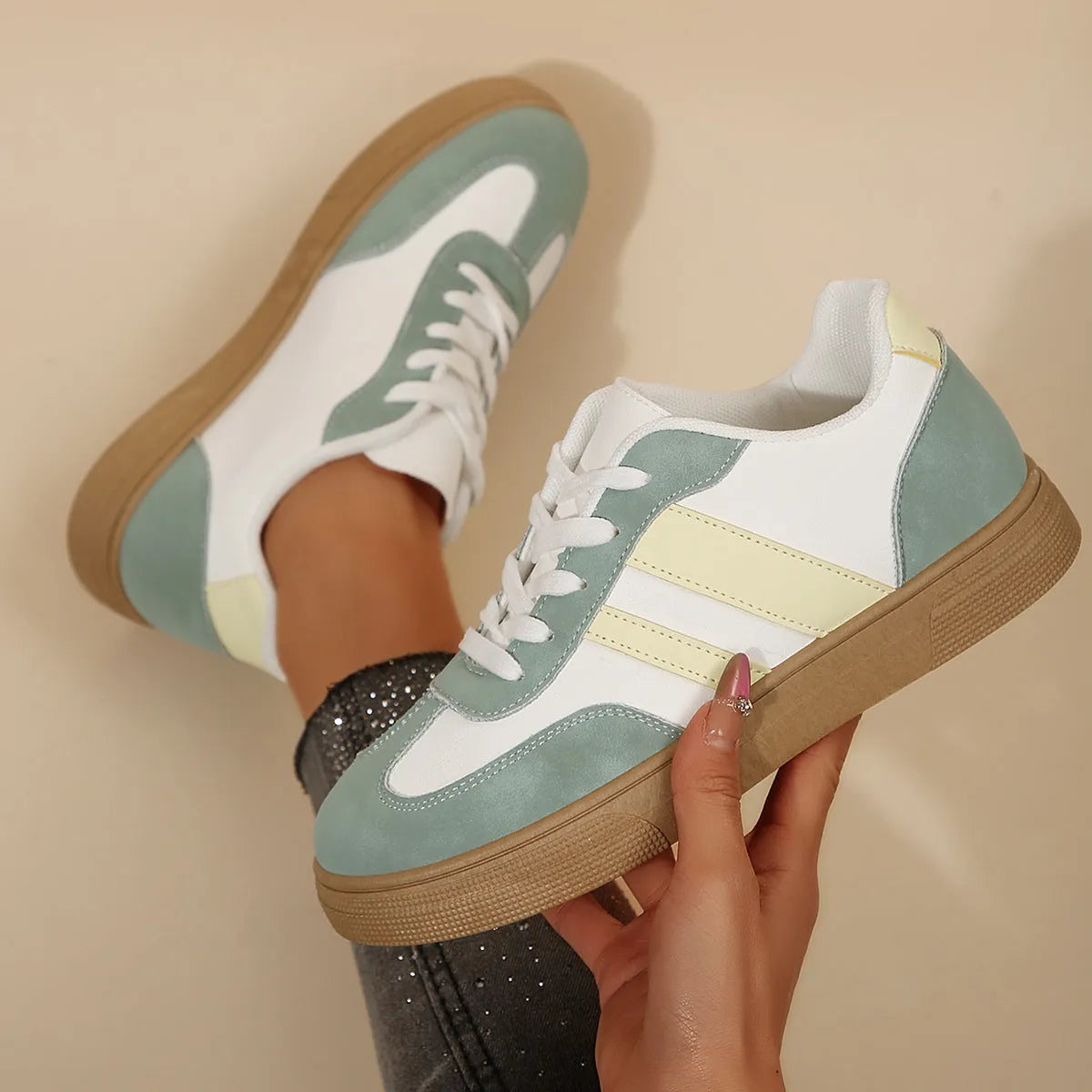 Green women's retro casual pumps with cross straps, low heel, and round toe.