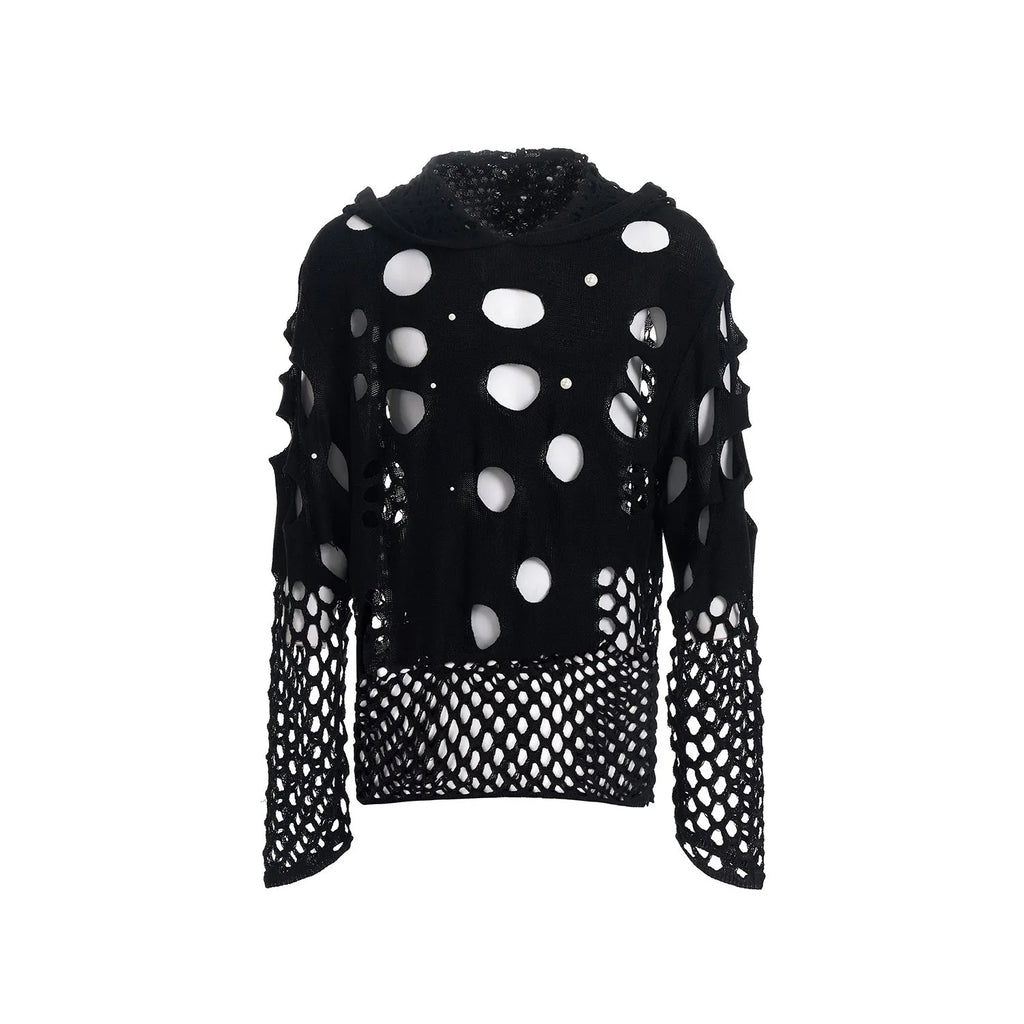 Black men's hoodie with pearl decorations, loose thin material, hood up.