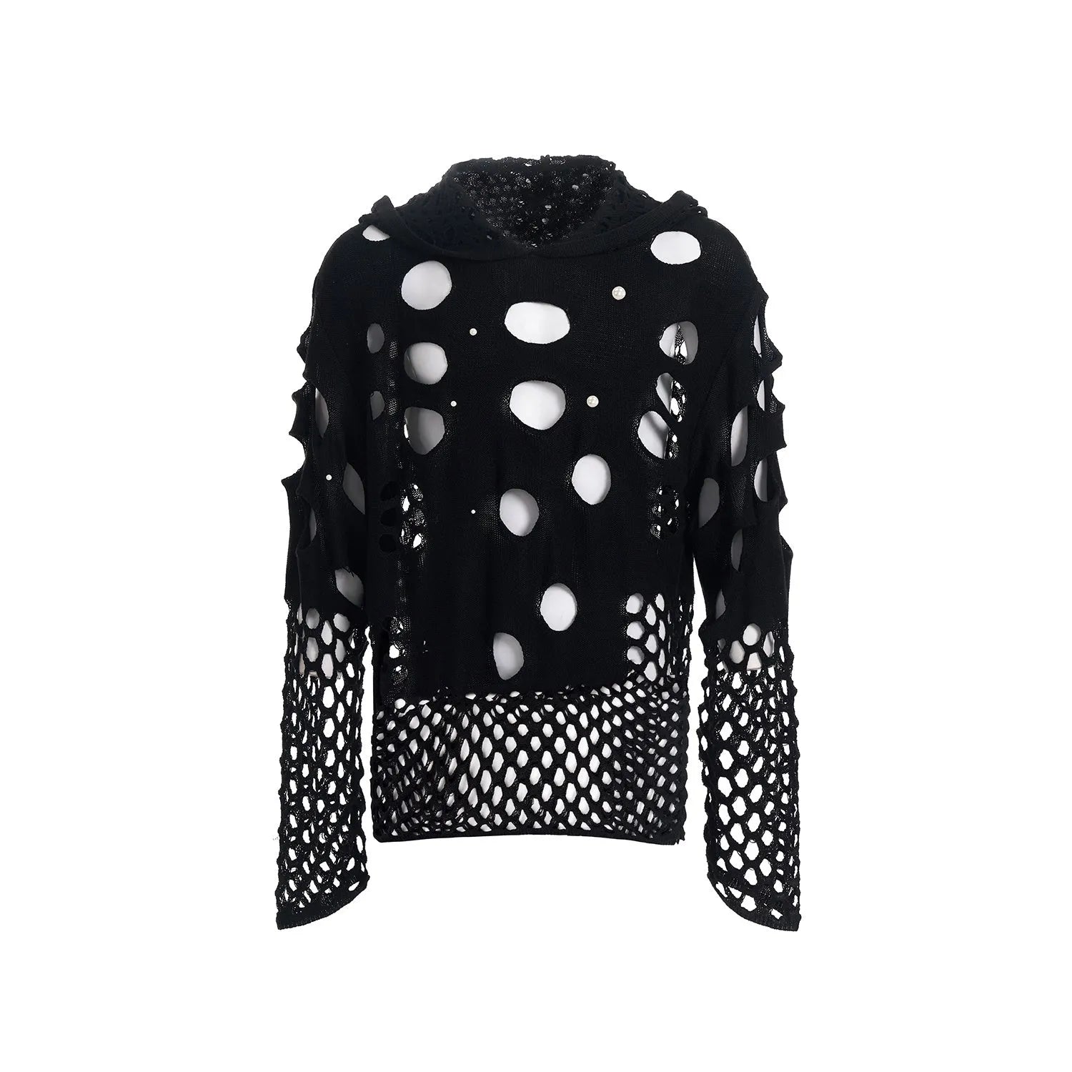 Black men's hoodie with pearl decorations, loose thin material, hood up.