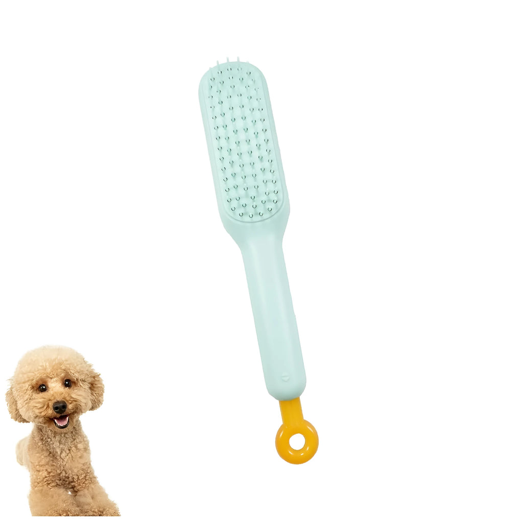 Dual-sided dog grooming brush for small breeds with soft bristles in blue colour