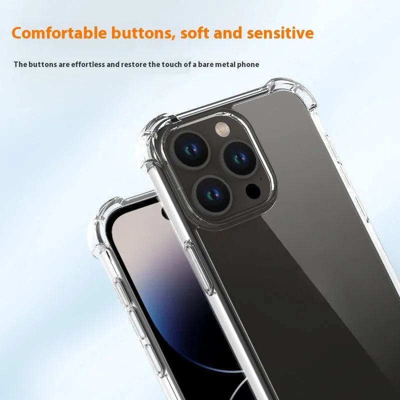 Transparent anti-fingerprint phone case for iPhone 15 with airbag corners on a white background