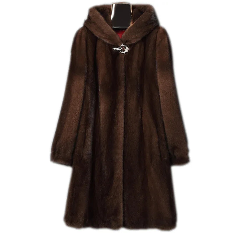 Women's black artificial fur hooded winter coat with street fashion styling