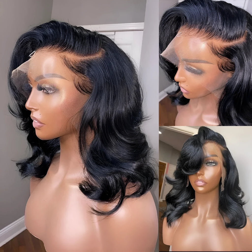 Black short curly wig with transparent lace forehead, high temperature fibre, available in 8 to 16 inch lengths