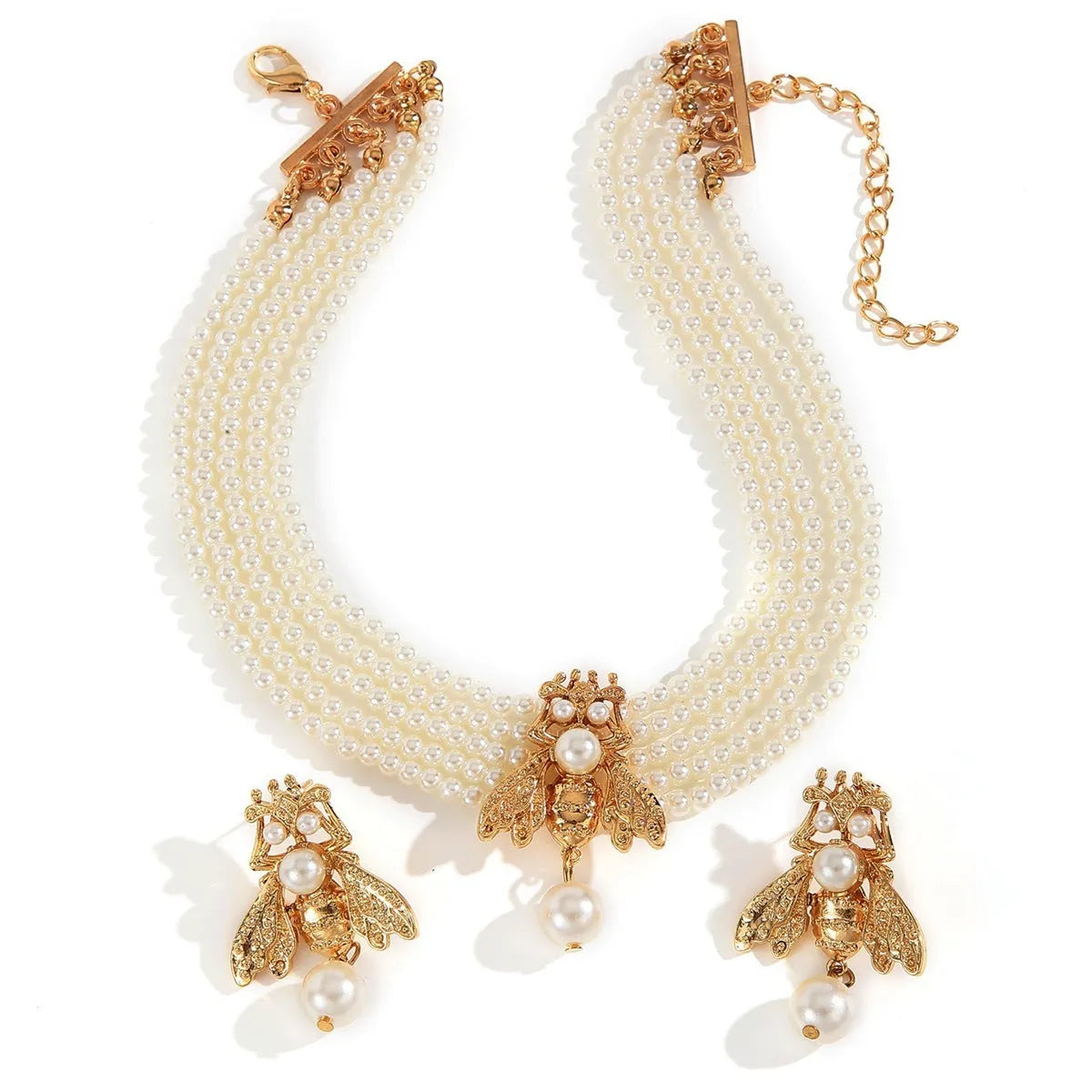 Golden bee earrings and necklace set on display with alloy pendant and regular chain