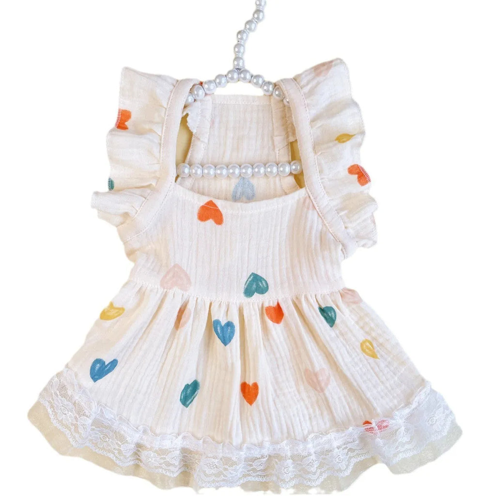 Light yellow love heart flying sleeve girl's dress polyester casual XS-XXL