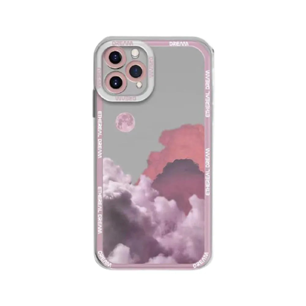 Sunset clouds design TPU phone case for iPhone models showing orange, pink, and blue colour options