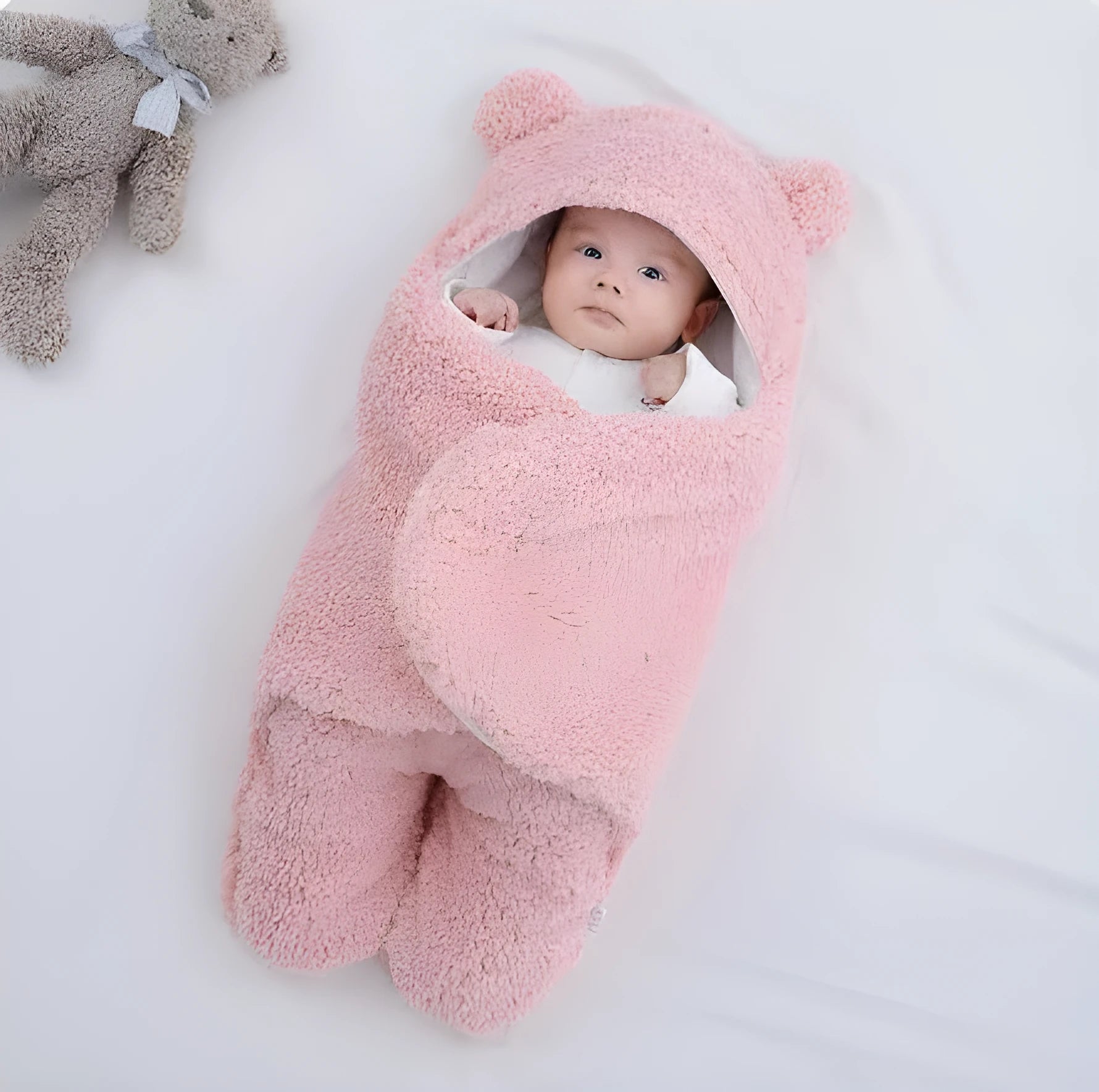Baby hugging bag cotton lamb wool swaddling quilt in blue thickened version, 80x85cm size, on a soft surface