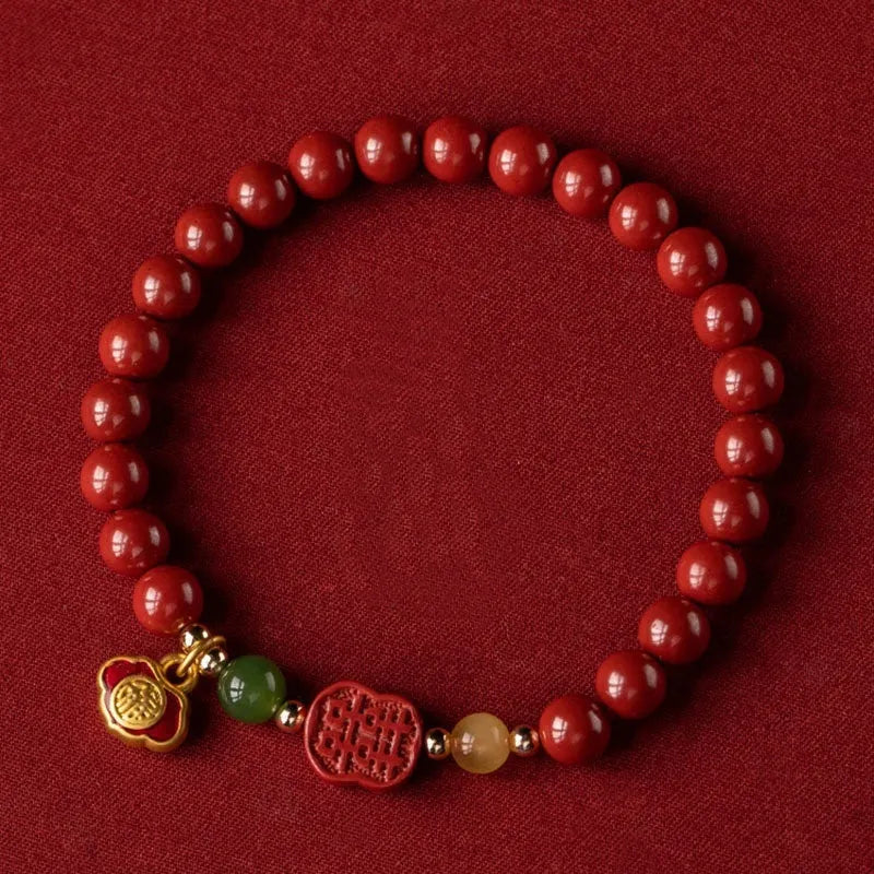 New Chinese style emperor sandstone happy eyebrow bracelet with cinnabar beads and fu character element