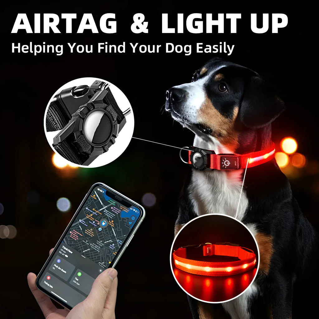 Waterproof nylon pet collar with LED beads in blue, suitable for locator attachment, plain pattern, adjustable size