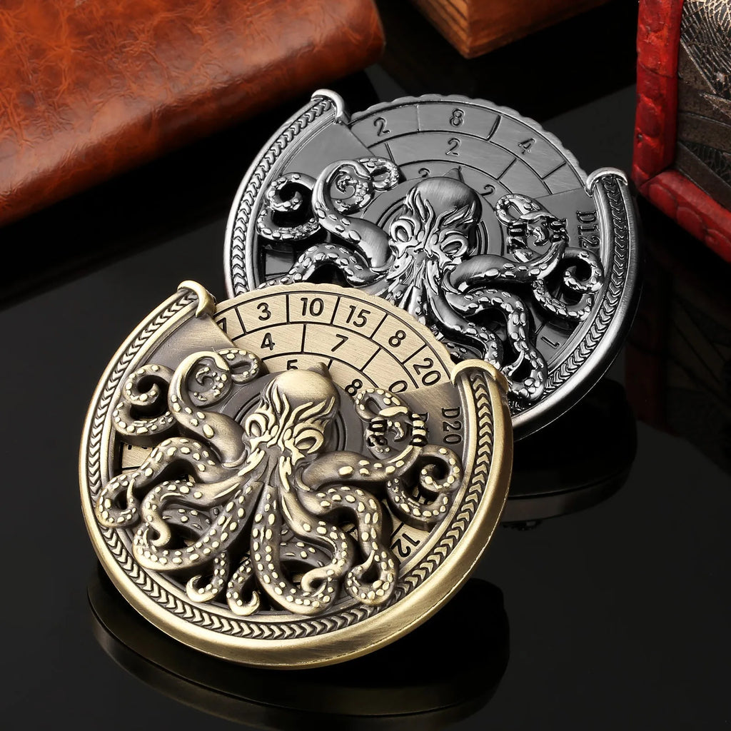 Vintage metal octopus dice turntable in bronze finish on tabletop, compact dice rolling accessory
