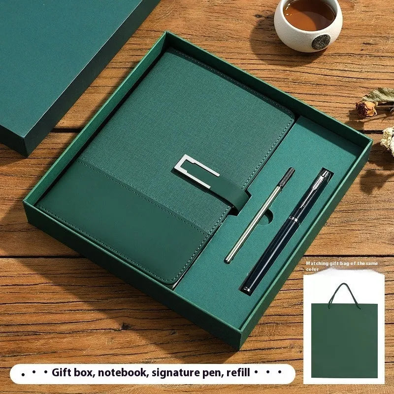 A5 soft PU leather notebook in brown, black, green, blue, or red, showing wood-free paper inside.