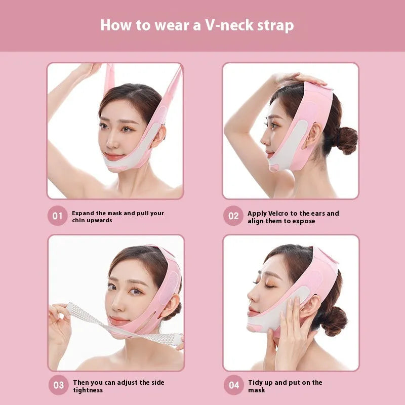 Pink and black elastic V face bandage for facial support and skincare routines