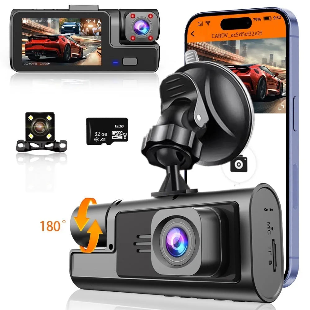 Black car dash cam with 2-inch screen, mounted on windscreen, showing WiFi logo and rear camera for reversing image.