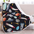 Black astronaut themed lamb wool blanket with soft sherpa fleece and hemmed edges, available in 130x150cm or 150x200cm.