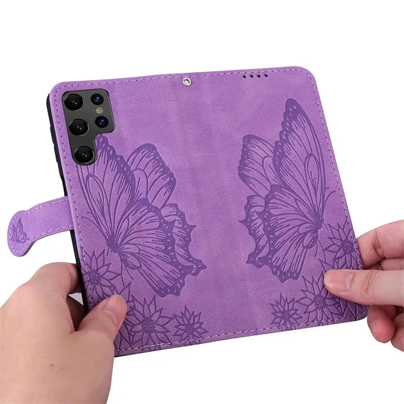 Retro big bowknot embossed leather phone case for Apple and Samsung with kickstand bracket, purple colour