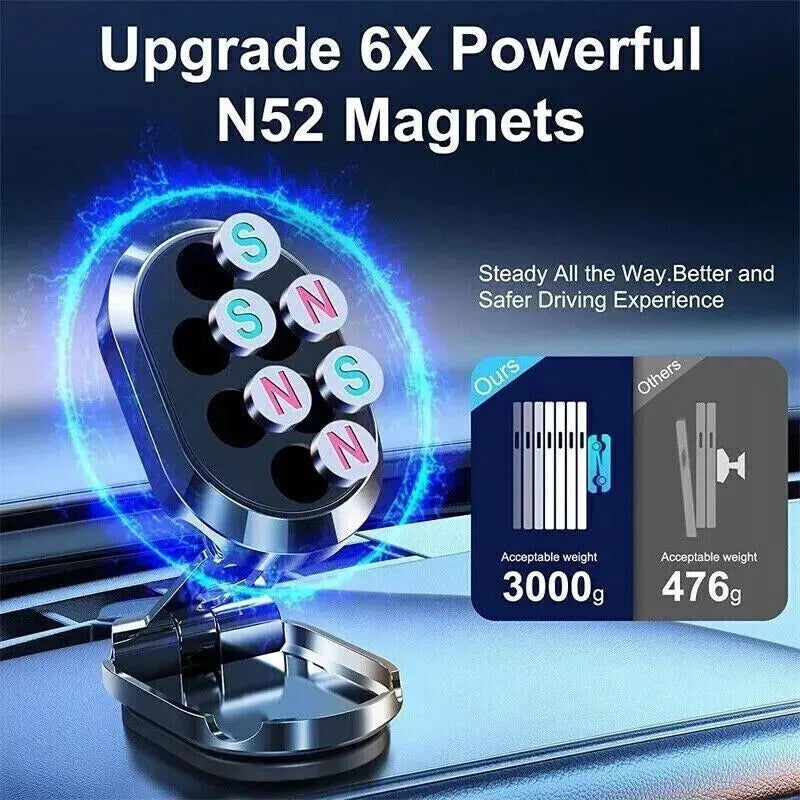 Chrome alloy folding magnetic car phone holder with 360-degree rotation on dashboard