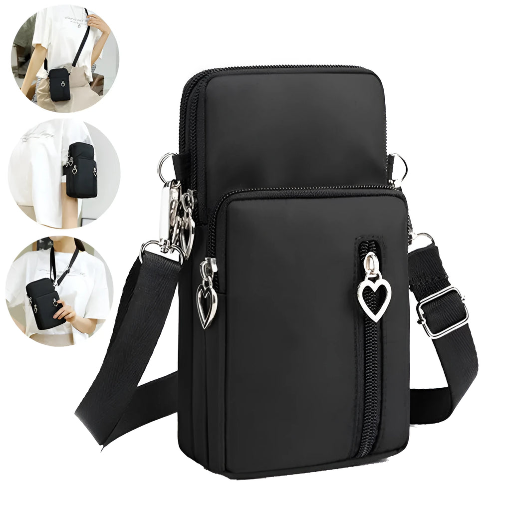 Nylon mobile phone crossbody bag for women, large size, available in multiple colours with zipper closure