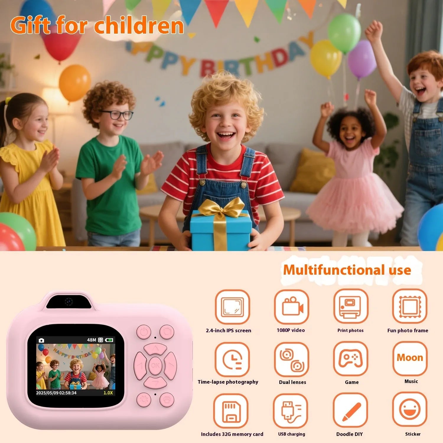 Children's toy camera for video and photos in blue, pink, or purple plastic with games and sticker functions.