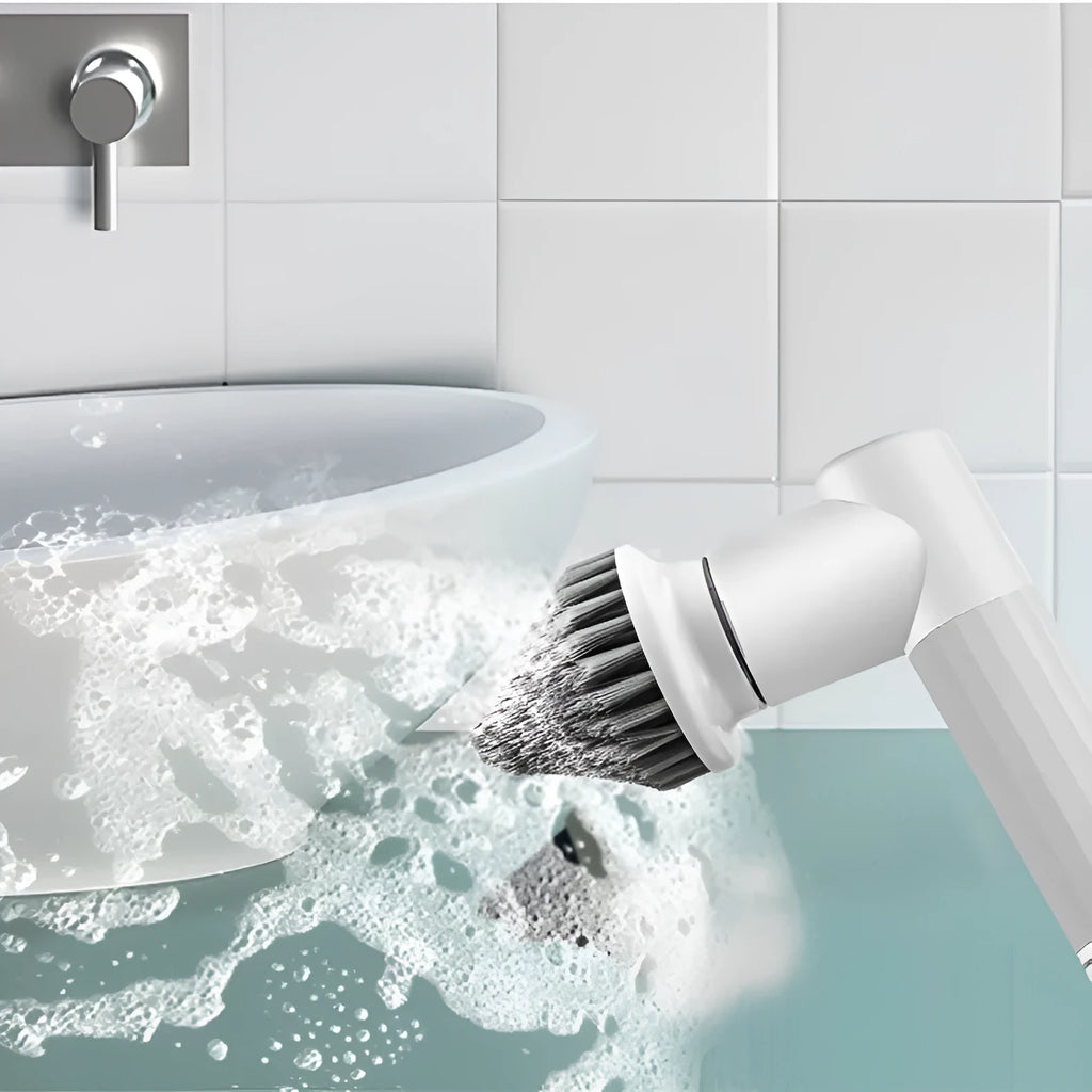 White high torque mute electric cleaning brush on a tile surface with six brush heads