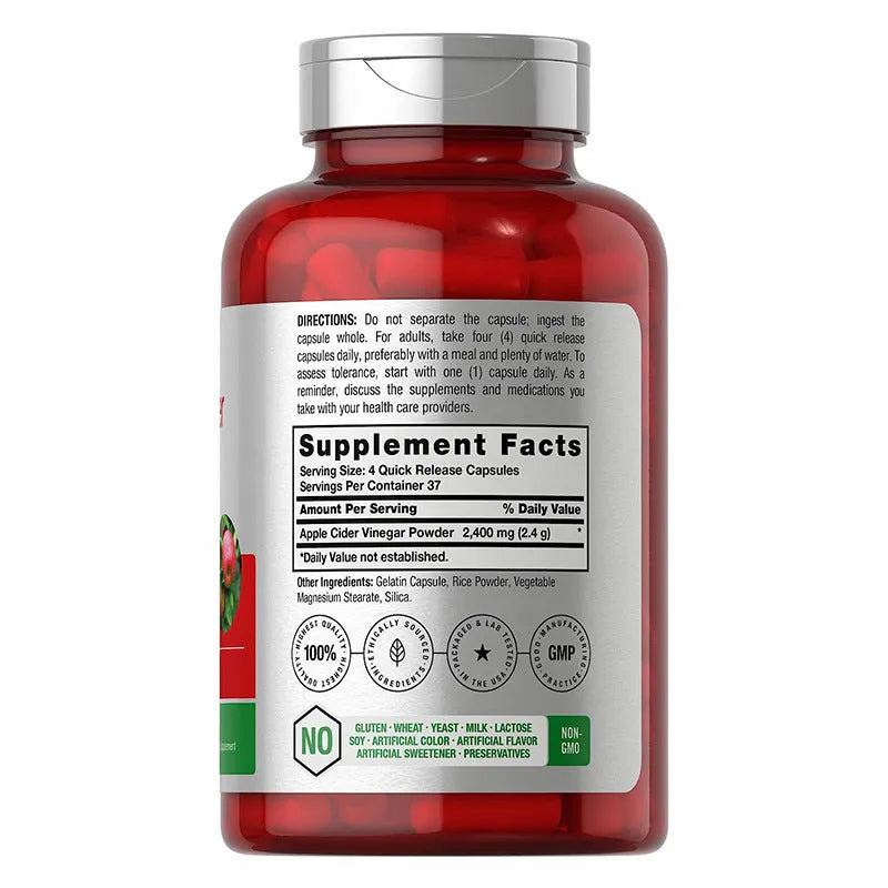 Bottle of apple vinegar capsules dietary supplement containing 150 capsules