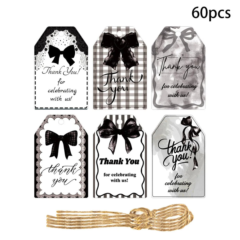 Set of 60 birthday party gift label tags with hemp rope in three bowknot design styles.