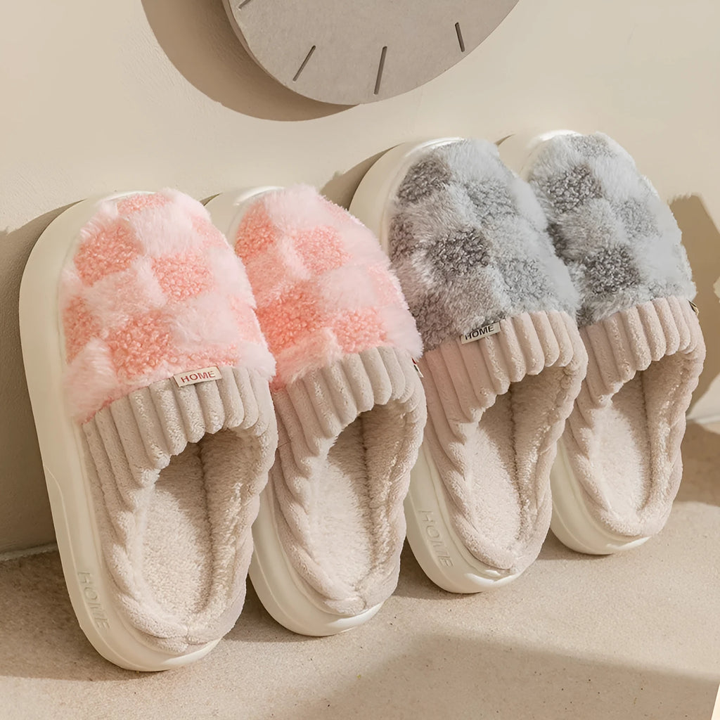 Women's plush indoor slippers with non-slip sole in coffee, green, grey, pink, or white colours