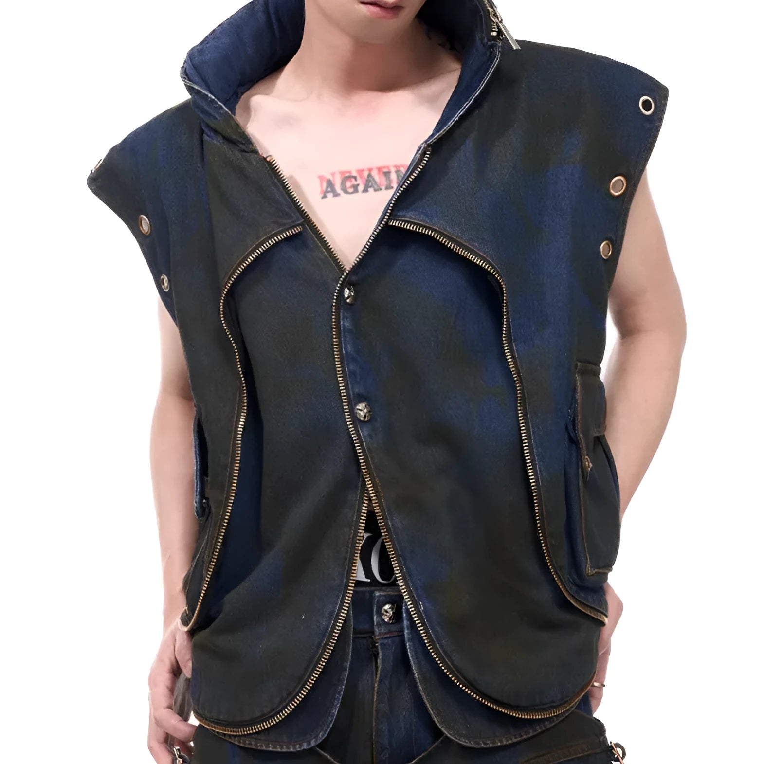 Blue Korean-style hooded denim vest coat with zipper front and matching trousers
