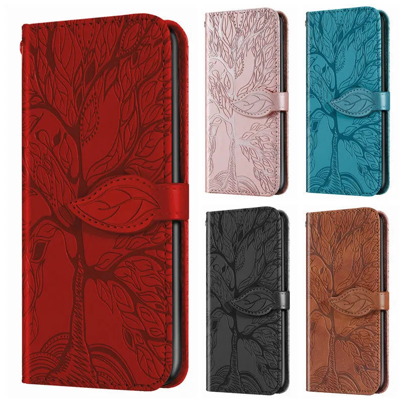Flip retro lucky tree embossed leather phone case for Samsung with protective kickstand in Lake Blue colour