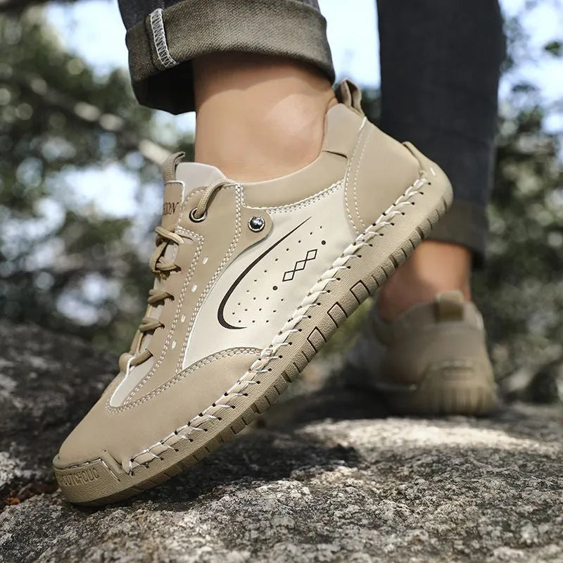 Handmade stitching casual leather shoes for men, low heel PU upper, round toe, lace-up, beige colour