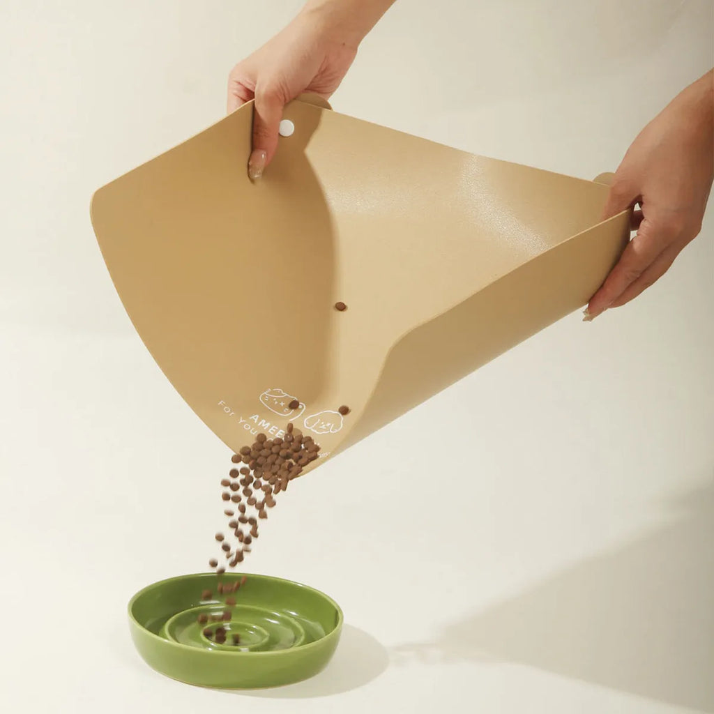Anti-spill waterproof leather pet placemat in apricot colour under dog bowl