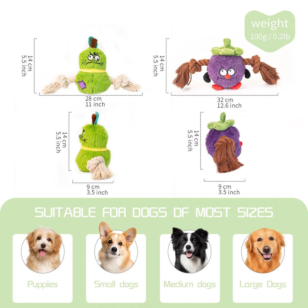 Green and purple interactive plush dog toy with rope knots and a molar tooth design for tug of war.