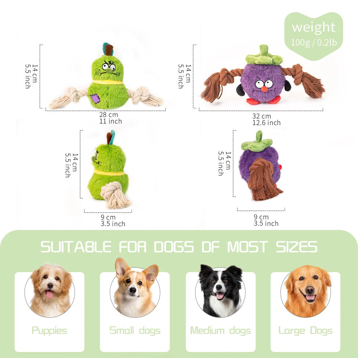 Green and purple interactive plush dog toy with rope knots and a molar tooth design for tug of war.