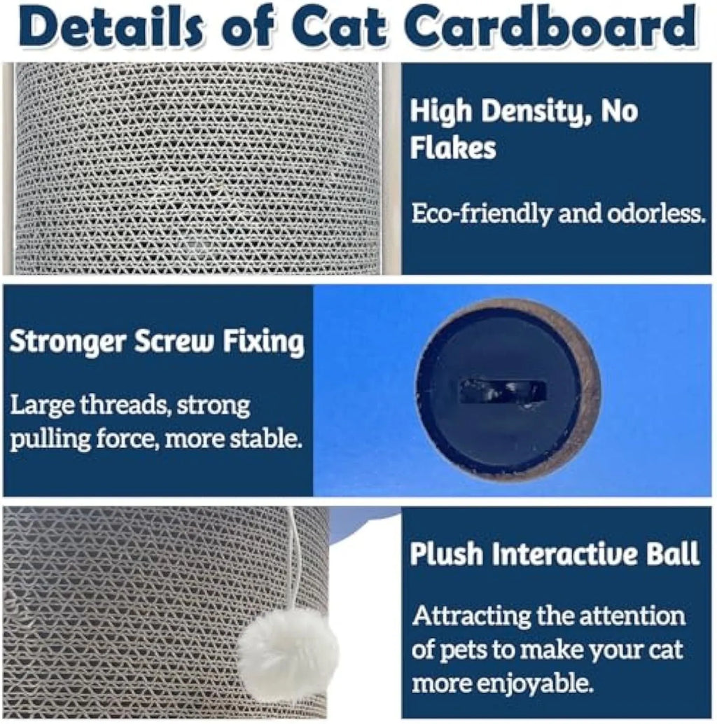 Grey cardboard corner cat scratcher with hanging ball toy attached