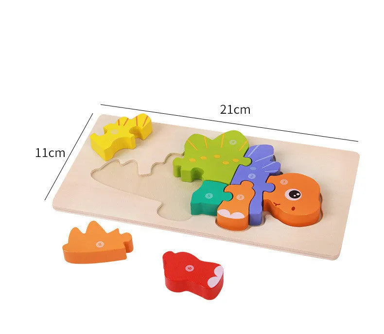 Wooden dinosaur 3D puzzle set showing six prehistoric designs for children aged 4-6