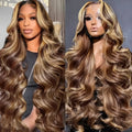 Women's long curly brown big wave lace wig with piano color highlights, side view