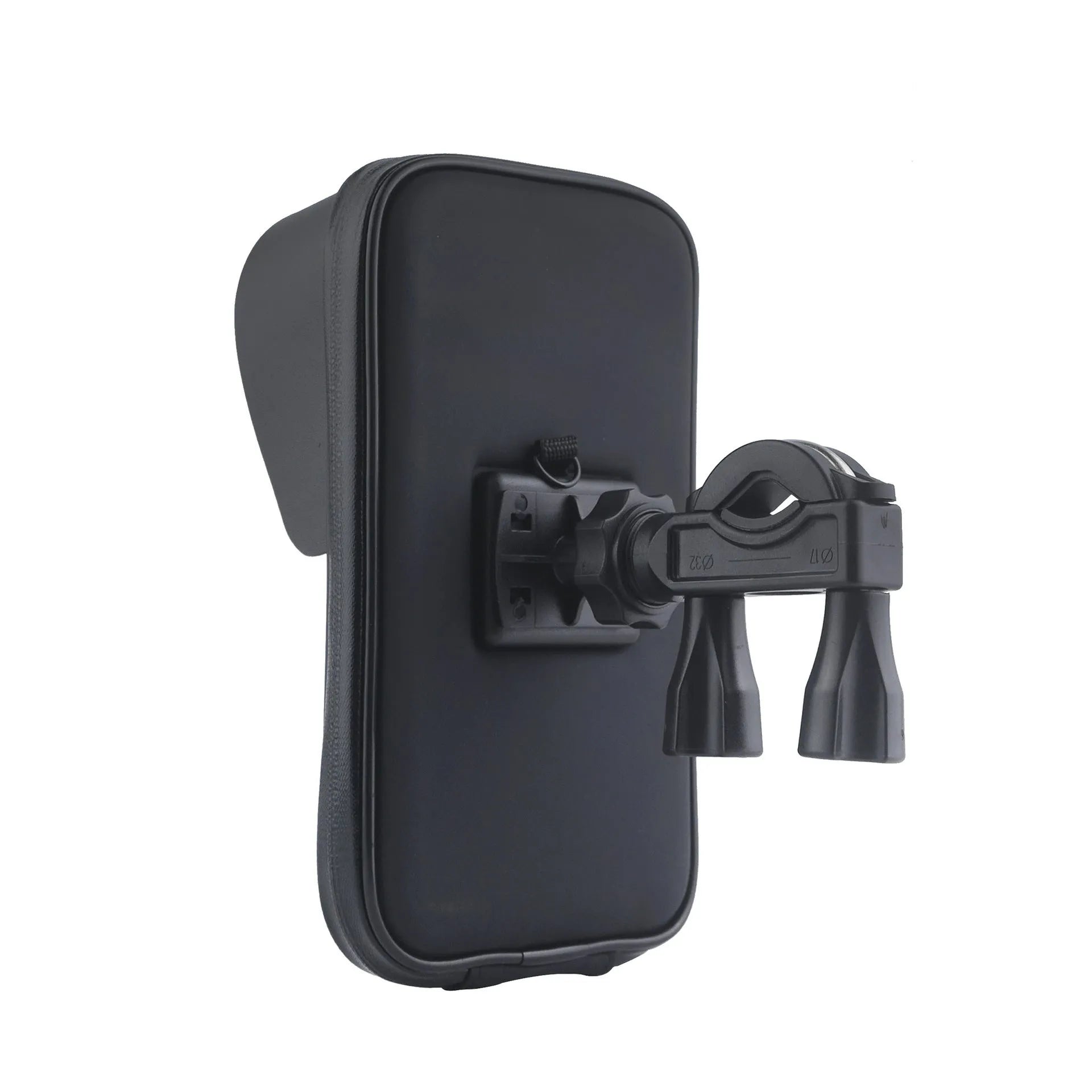 Black bicycle waterproof phone bag bracket mounted on handlebars, showing PU leather construction and sun visor.
