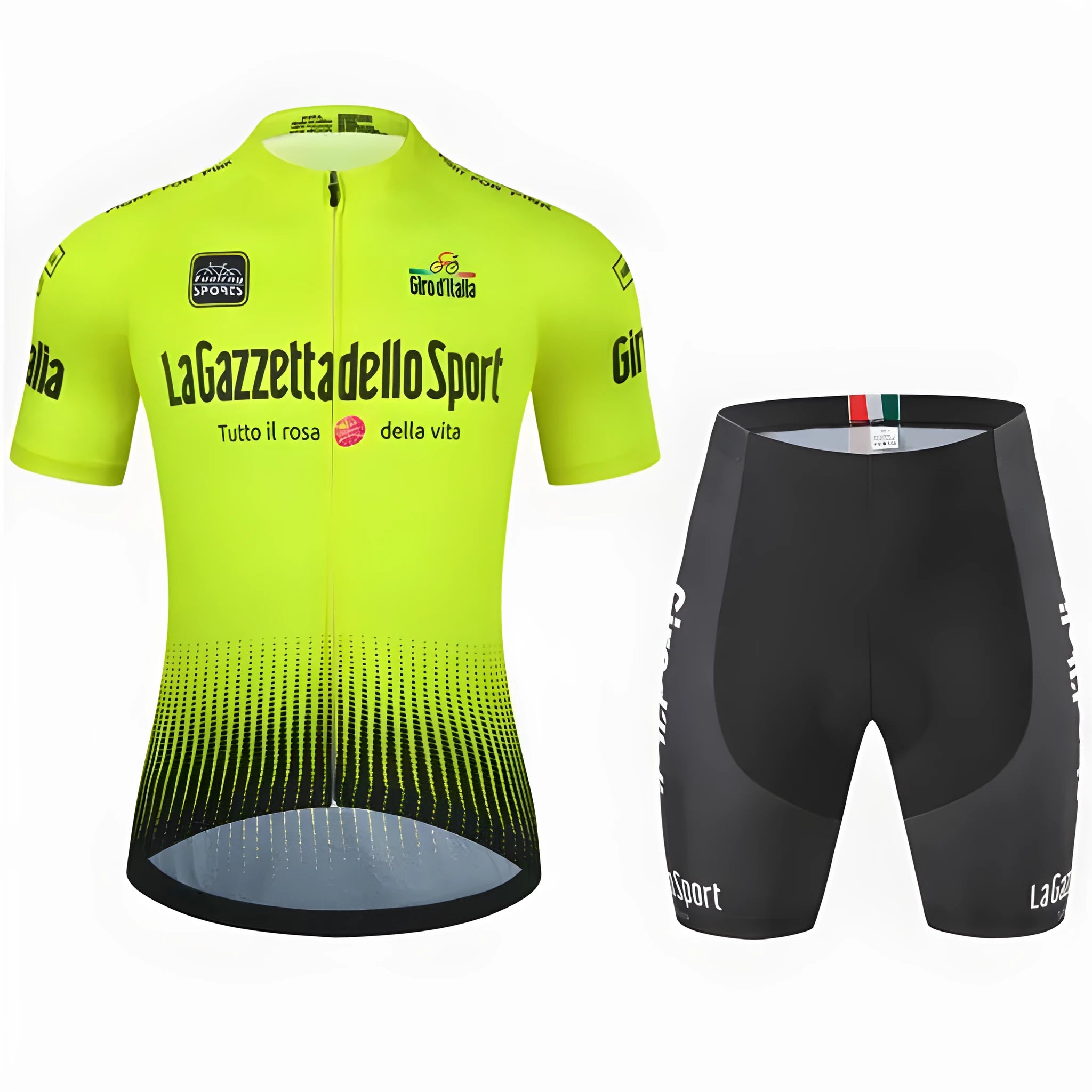 Short sleeve cycling jersey for road biking and running in breathable polyester fabric.