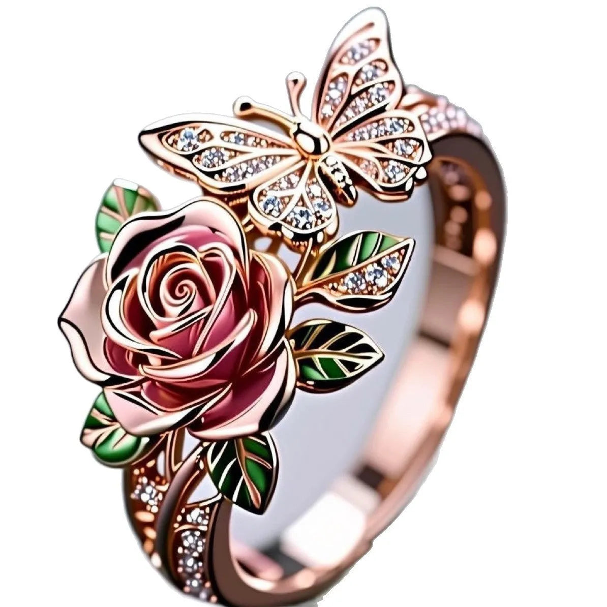 Adjustable fairy style butterfly ring with colourful oil droplet finish and rose leaf insect design