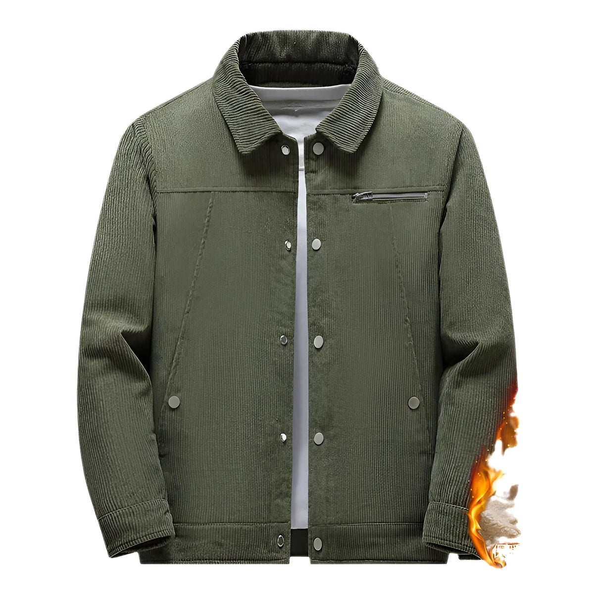 Winter slim retro lapels thick corduroy jacket in army green with side pockets, polyester fibre construction