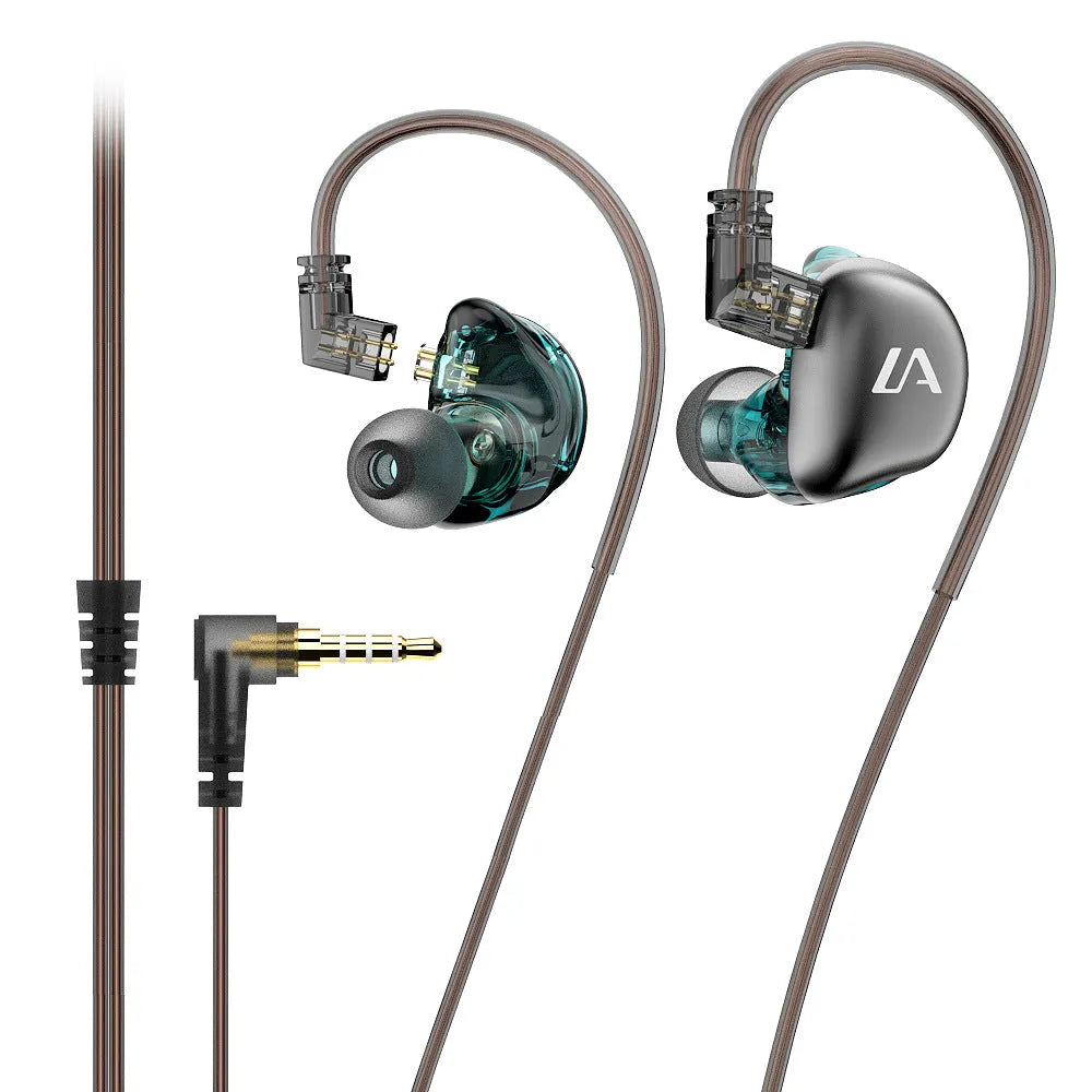 Ear hook wired in-ear headphones with 3.5mm plug, 1.2m silver-plated cable, and 10mm driver, shown in LE3 colour options