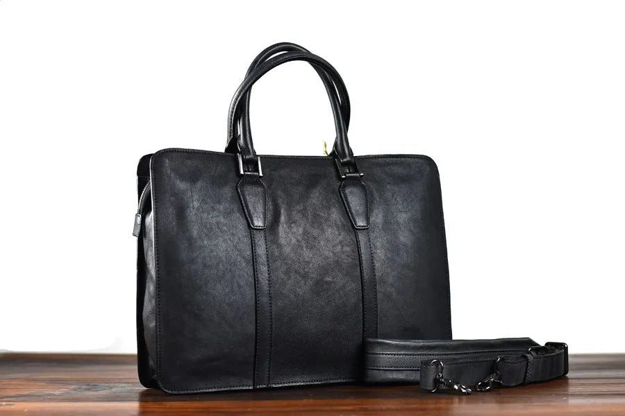 Men's 14-inch horizontal leather business handbag in black or khaki colour