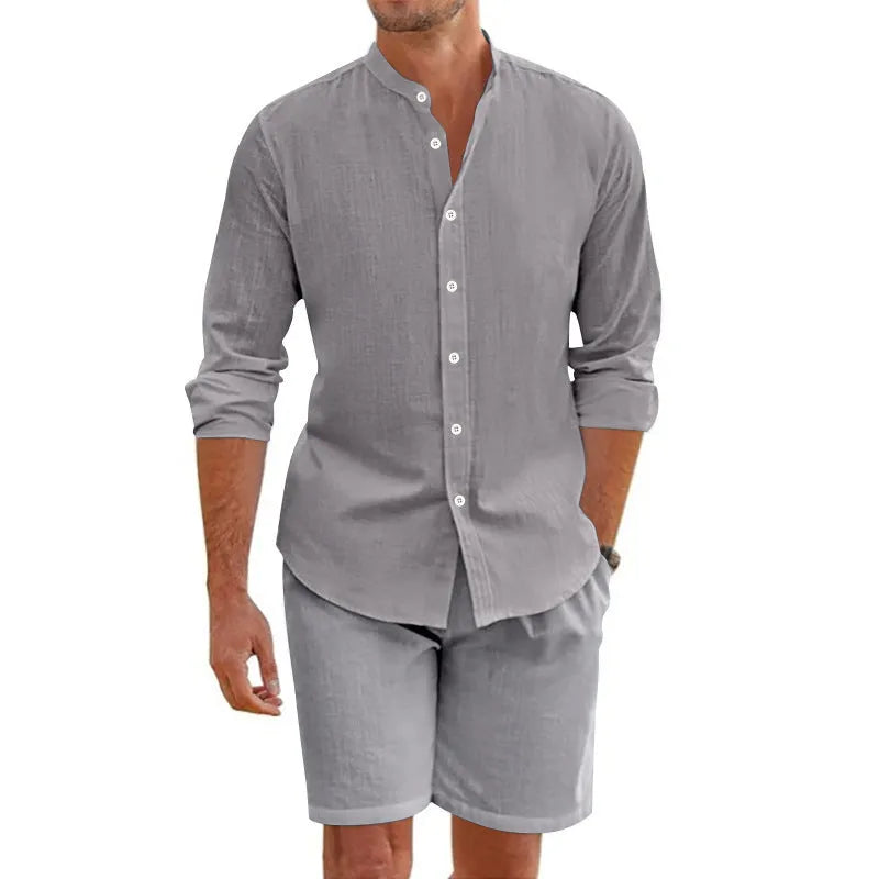 Men's hemp linen beach shirt suit set with button down top and drawstring shorts in five colour options