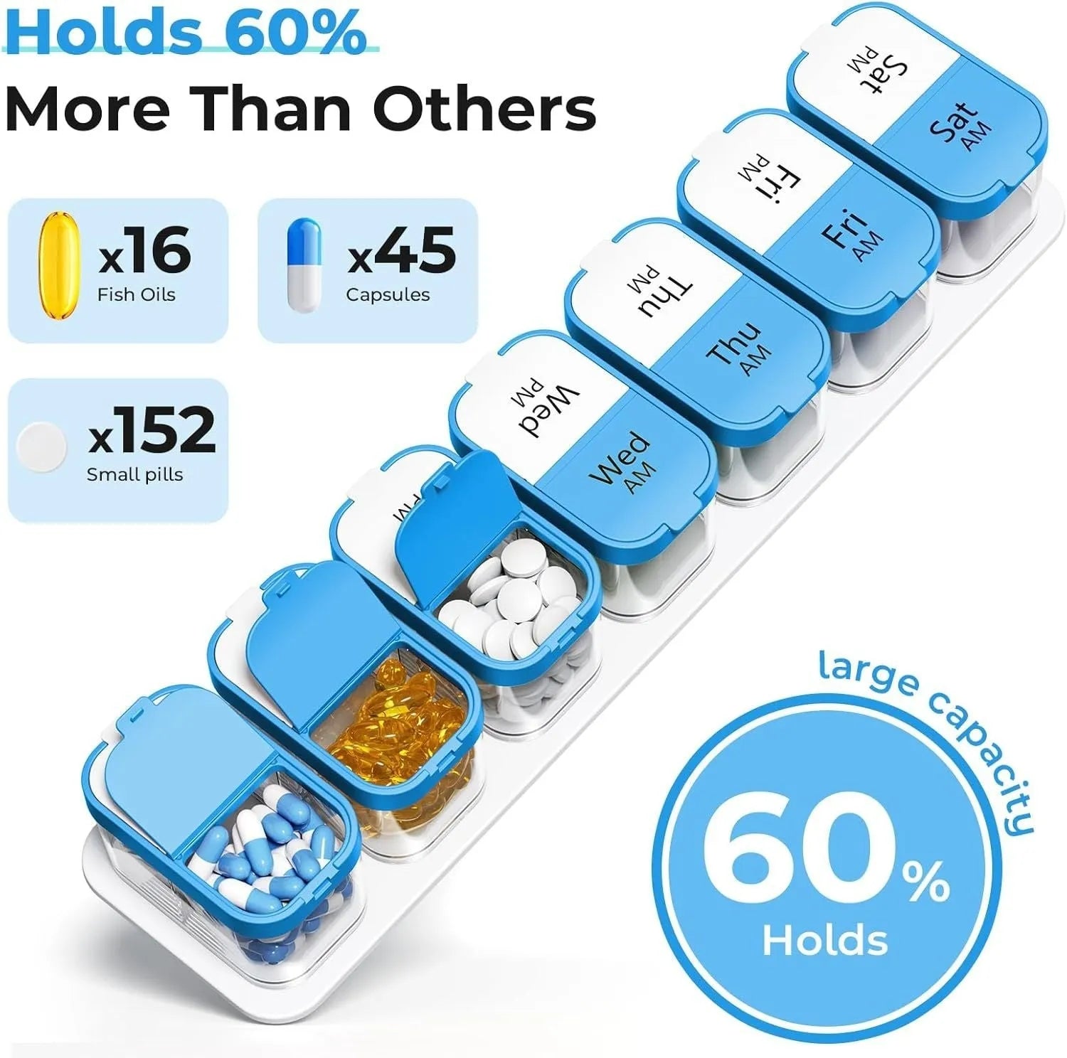 Extra large portable pill dispenser with 14 removable compartments in rainbow colour