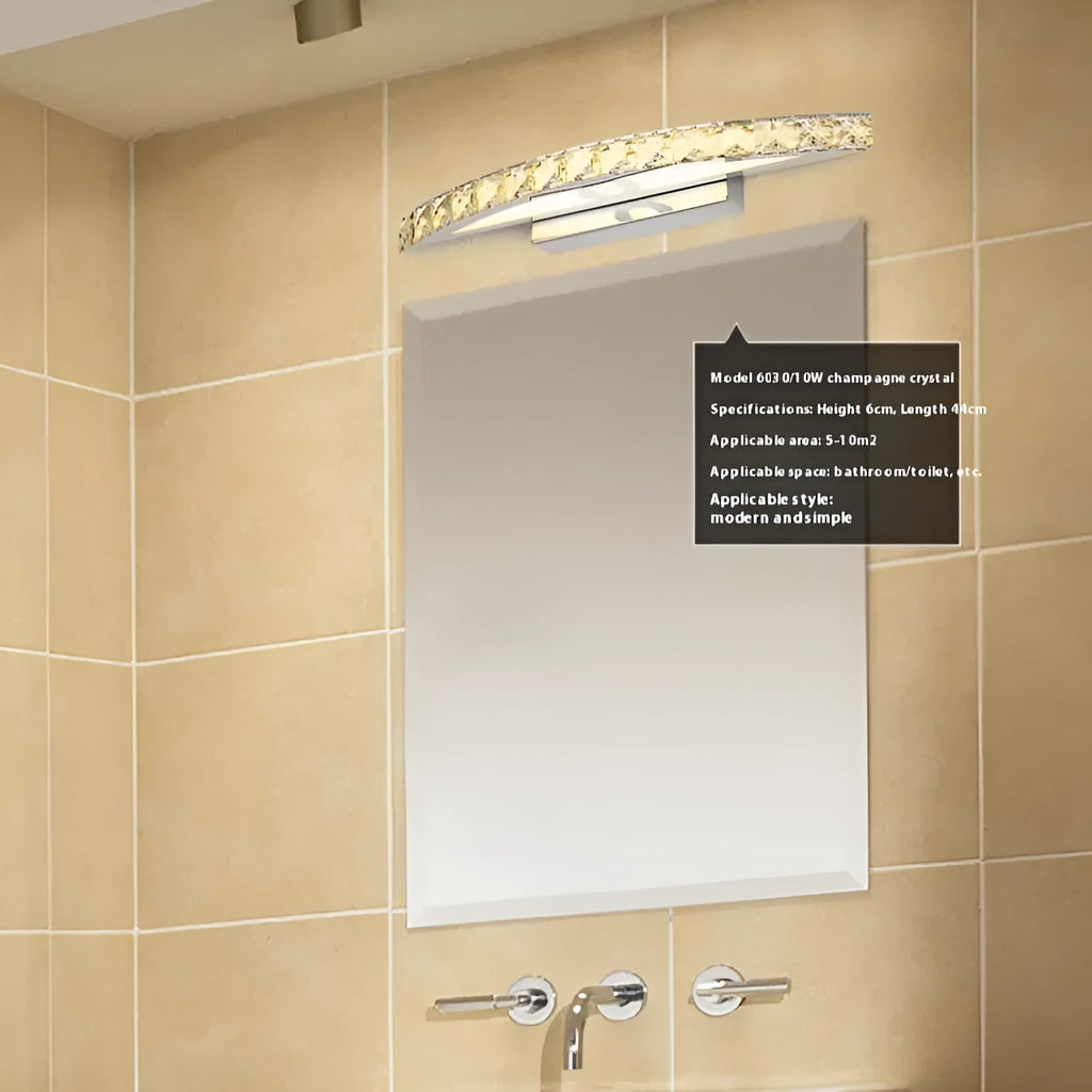 LED wall lamp with crystal face mask and stainless steel body, 44cm arc transparent crystal option
