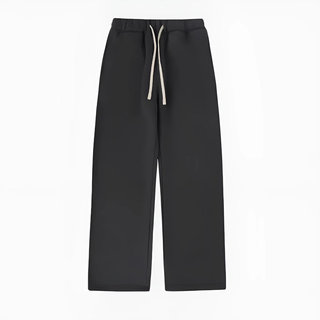 Men's black fleece-lined sweatpants with a drawstring elastic waistband shown in a loose fit.
