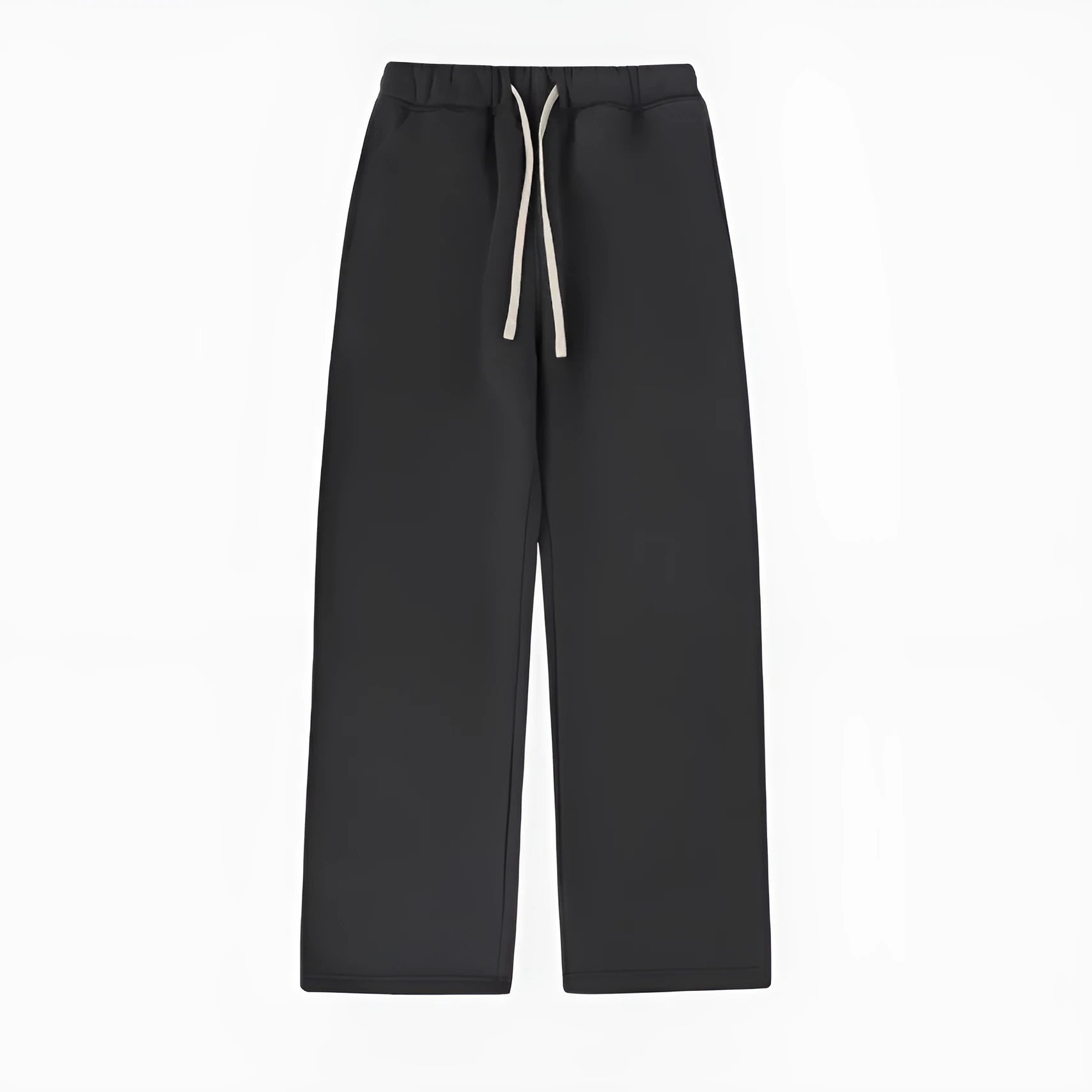 Men's black fleece-lined sweatpants with a drawstring elastic waistband shown in a loose fit.