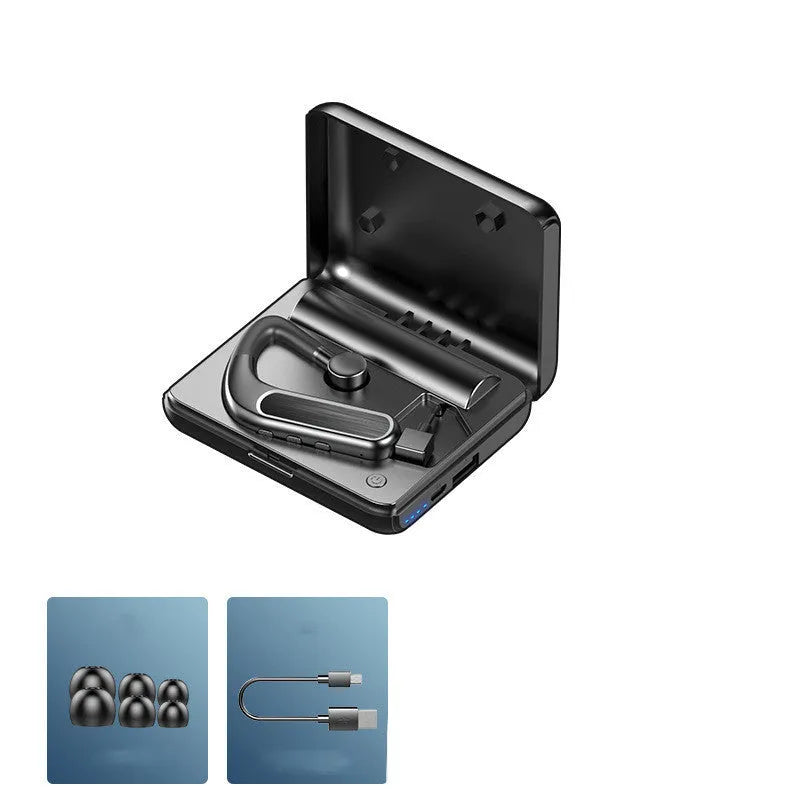 Black Bluetooth hanging earphones with charging warehouse and three pairs of ear caps on a white background
