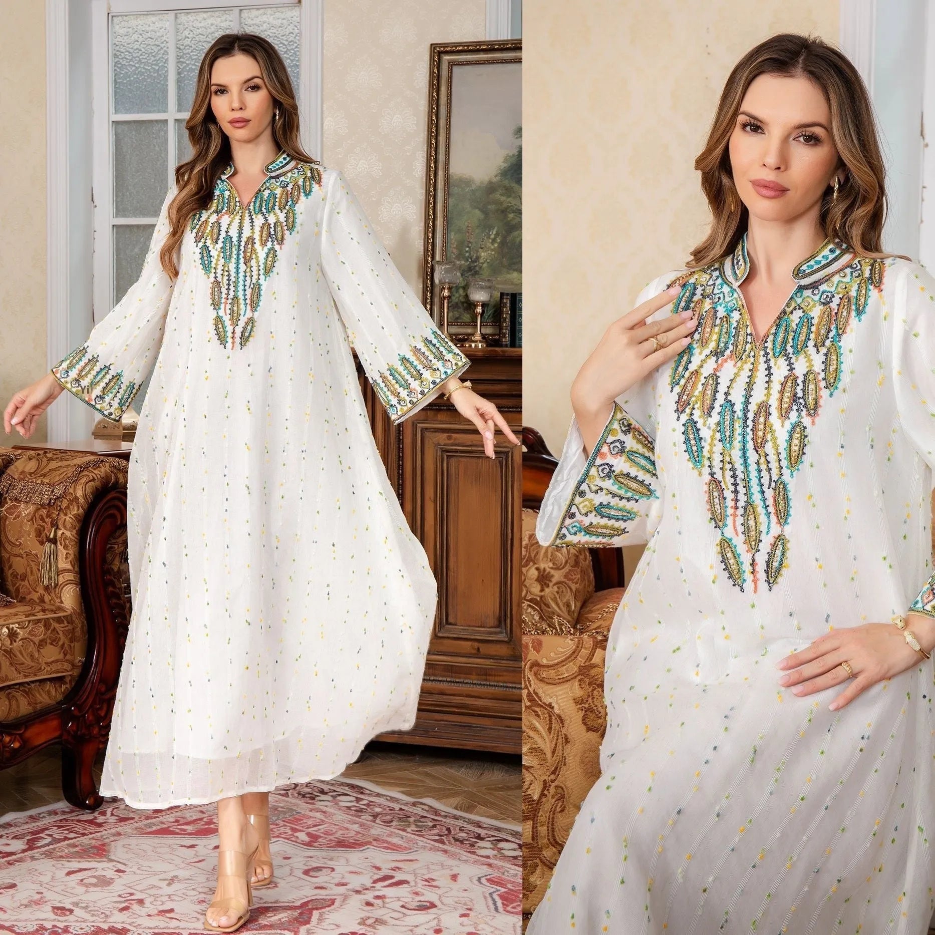 White long sleeve floor-length Arabic robe for women on a hanger