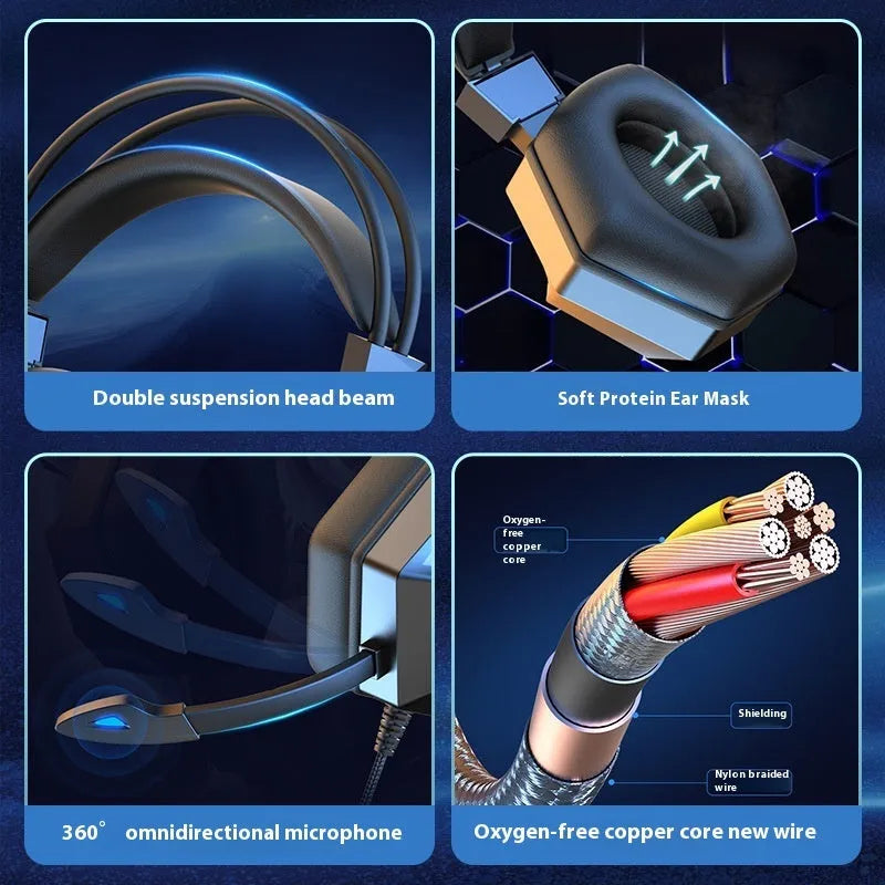 Wired gaming headset with LED night light, 3.5mm plug, 40mm horn, and 2m braided cable in black and blue